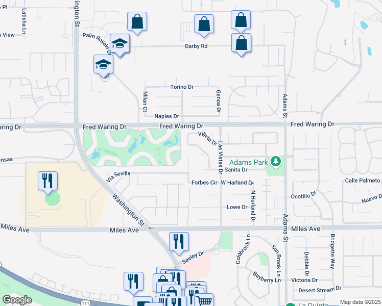 map of restaurants, bars, coffee shops, grocery stores, and more near 44260 Vía Coronado in La Quinta