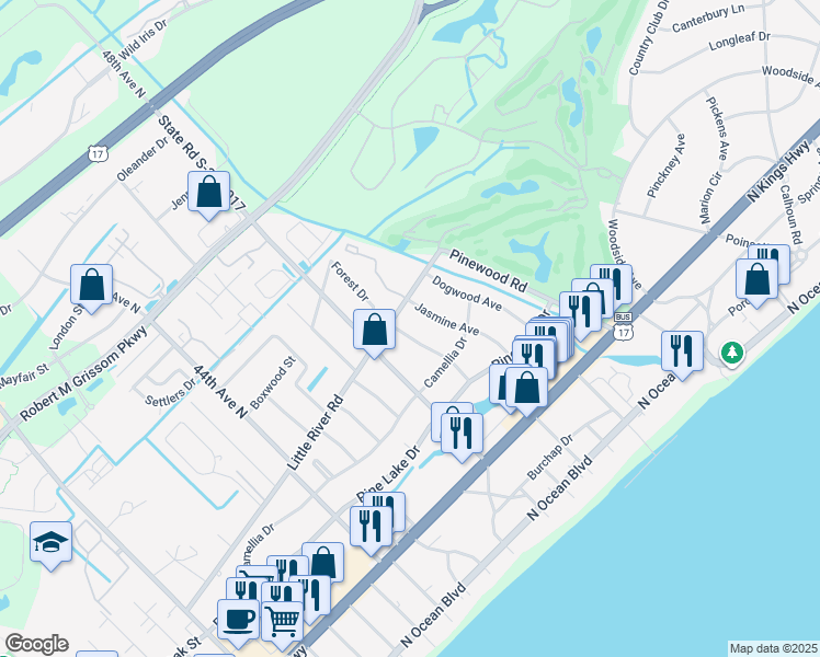 map of restaurants, bars, coffee shops, grocery stores, and more near 711 Jasmine Avenue in Myrtle Beach