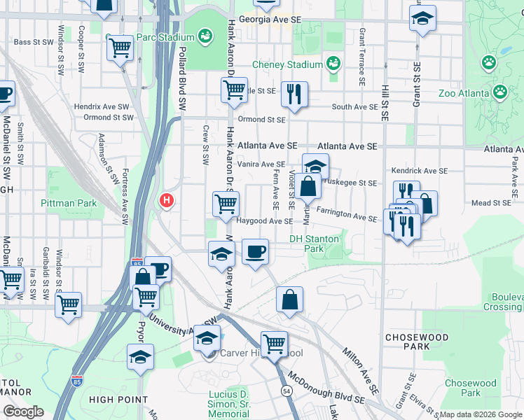 map of restaurants, bars, coffee shops, grocery stores, and more near in Atlanta