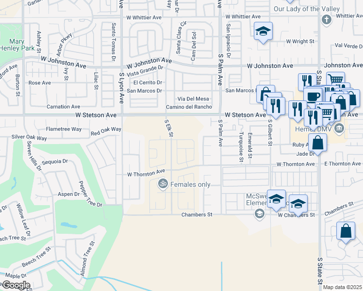 map of restaurants, bars, coffee shops, grocery stores, and more near 1266 Tribal Avenue in Hemet