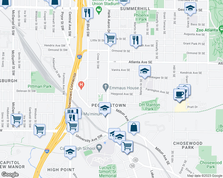map of restaurants, bars, coffee shops, grocery stores, and more near 1006 Hank Aaron Drive Southeast in Atlanta