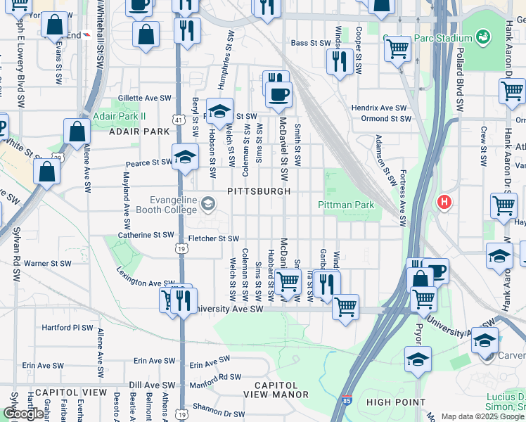 map of restaurants, bars, coffee shops, grocery stores, and more near 1018 Sims Street Southwest in Atlanta