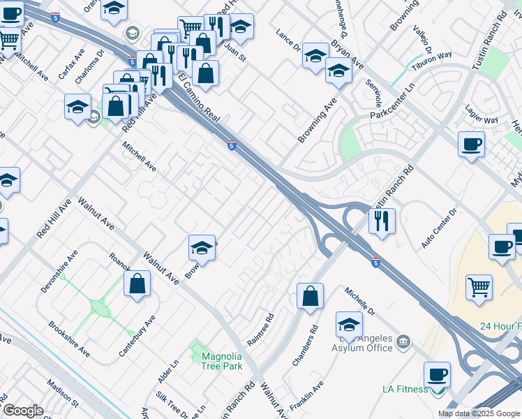 map of restaurants, bars, coffee shops, grocery stores, and more near 123 Madrid Street in Tustin