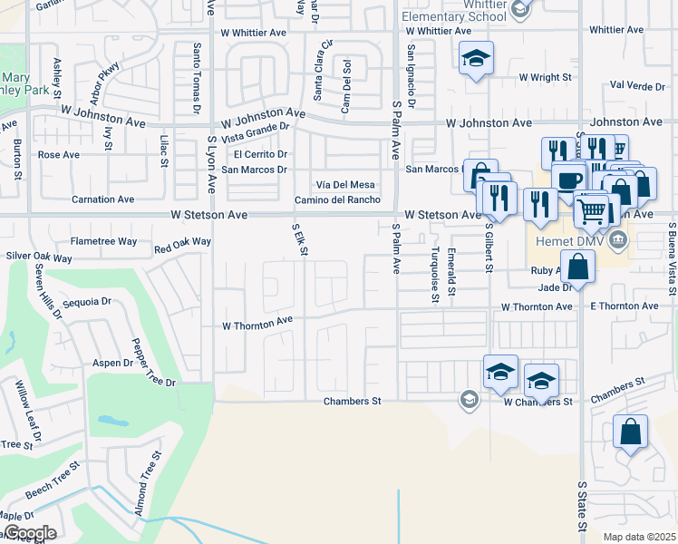 map of restaurants, bars, coffee shops, grocery stores, and more near 1230 Tribal Avenue in Hemet
