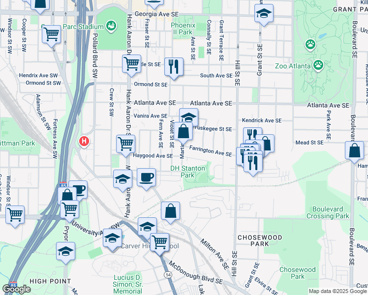 map of restaurants, bars, coffee shops, grocery stores, and more near 1002 Martin Street Southeast in Atlanta