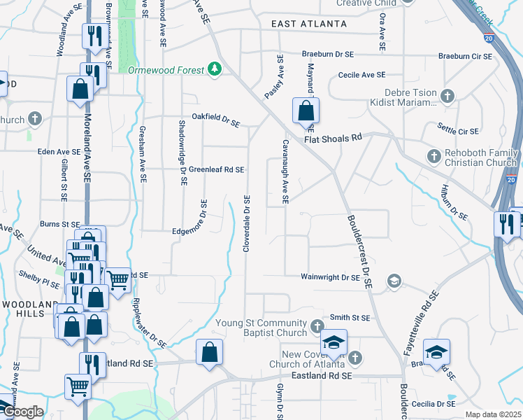map of restaurants, bars, coffee shops, grocery stores, and more near 2173 Stockbridge Drive Southeast in Atlanta