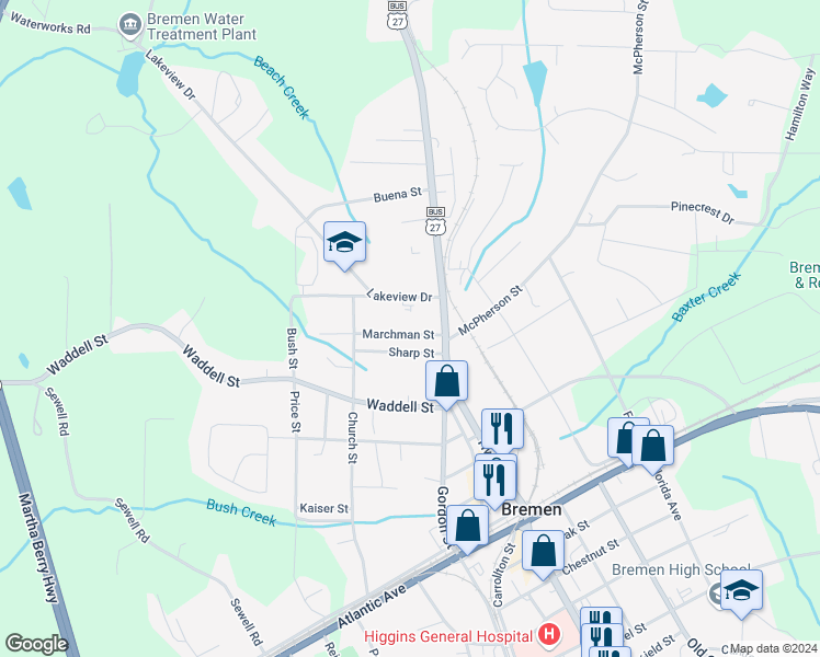 map of restaurants, bars, coffee shops, grocery stores, and more near 111 Marchman Street in Bremen
