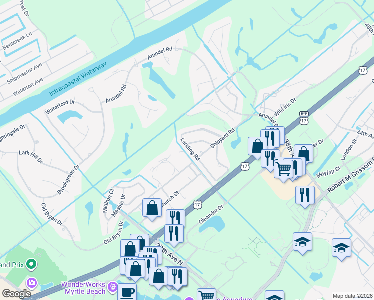 map of restaurants, bars, coffee shops, grocery stores, and more near 3510 Lighthouse Way in Myrtle Beach