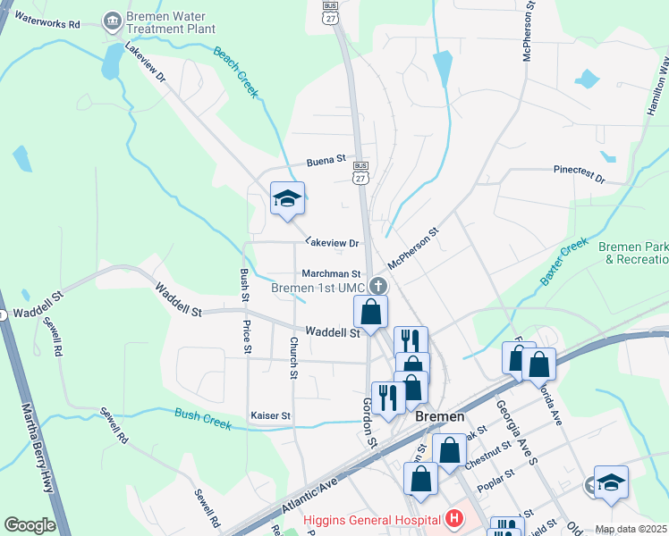 map of restaurants, bars, coffee shops, grocery stores, and more near 115 Marchman Street in Bremen
