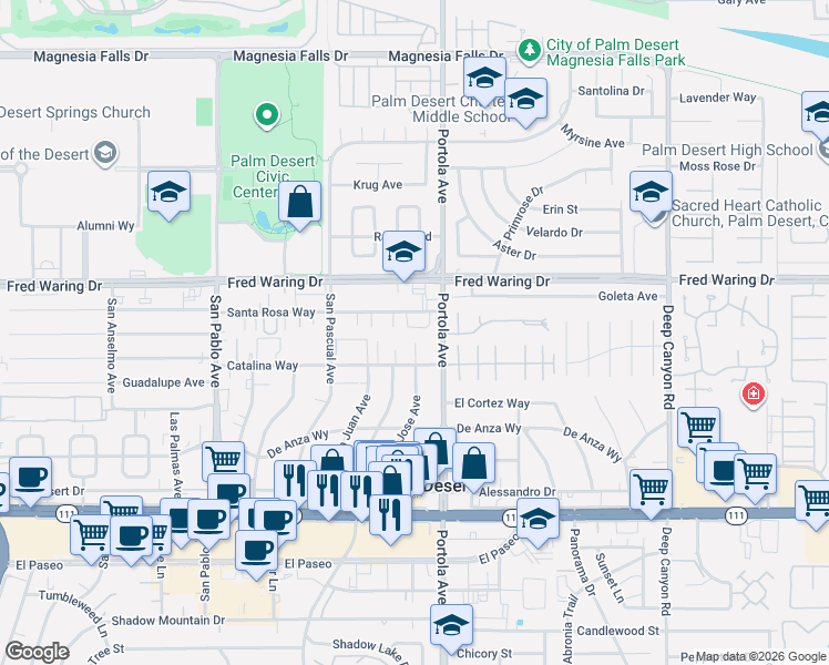 map of restaurants, bars, coffee shops, grocery stores, and more near 73941 Olive Court in Palm Desert