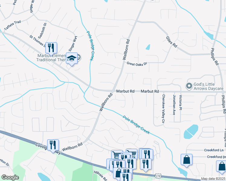 map of restaurants, bars, coffee shops, grocery stores, and more near Marbut Road & Wellborn Road in Lithonia