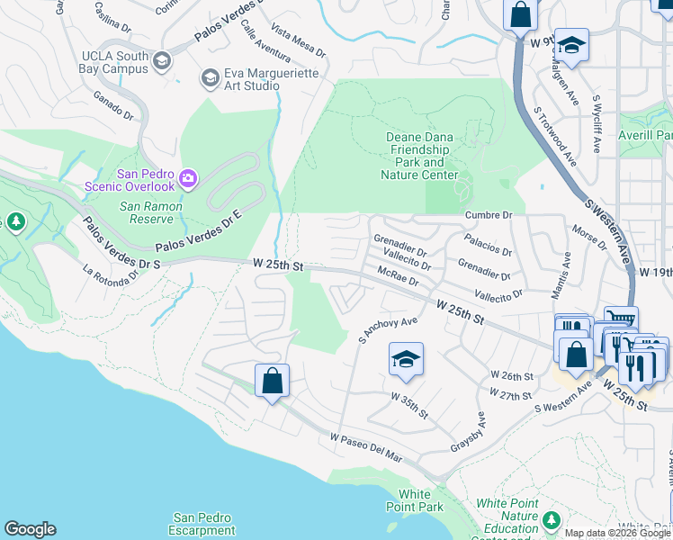 map of restaurants, bars, coffee shops, grocery stores, and more near 2235 West 25th Street in Los Angeles