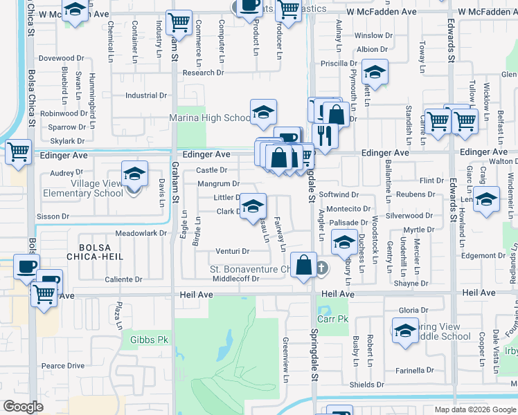 map of restaurants, bars, coffee shops, grocery stores, and more near 16161 Nassau Lane in Huntington Beach