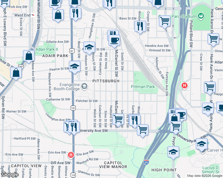 map of restaurants, bars, coffee shops, grocery stores, and more near 1018 Hubbard Street Southwest in Atlanta