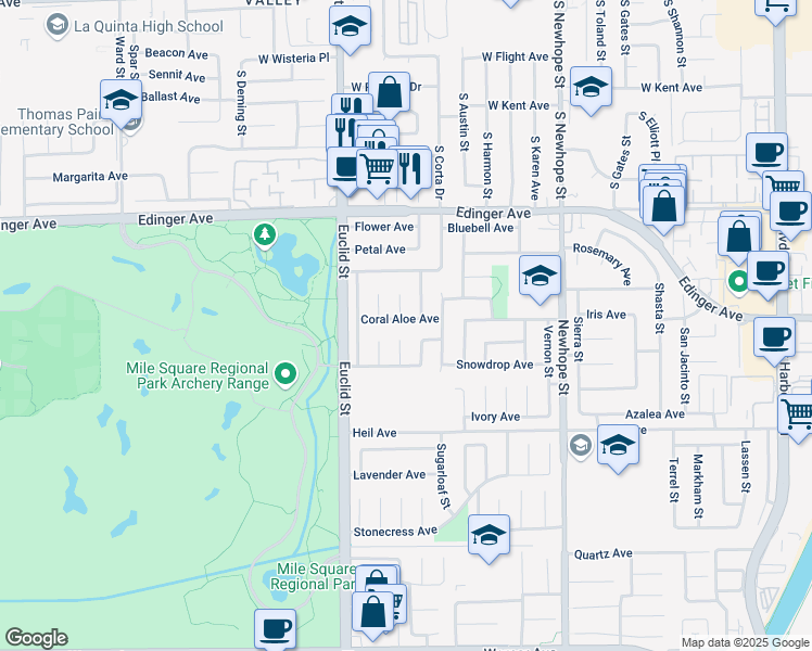 map of restaurants, bars, coffee shops, grocery stores, and more near 16229 Mount Harkness Street in Fountain Valley