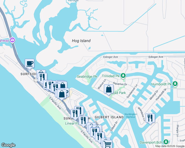 map of restaurants, bars, coffee shops, grocery stores, and more near 3299 Tempe Drive in Huntington Beach