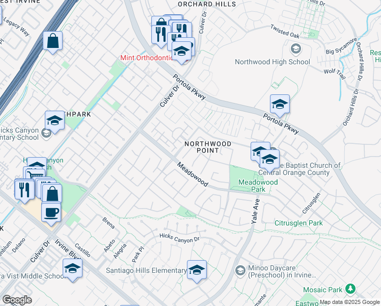 map of restaurants, bars, coffee shops, grocery stores, and more near 24 Bristlecone in Irvine