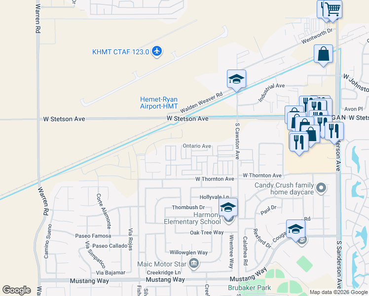 map of restaurants, bars, coffee shops, grocery stores, and more near 1295 South Cawston Avenue in Hemet