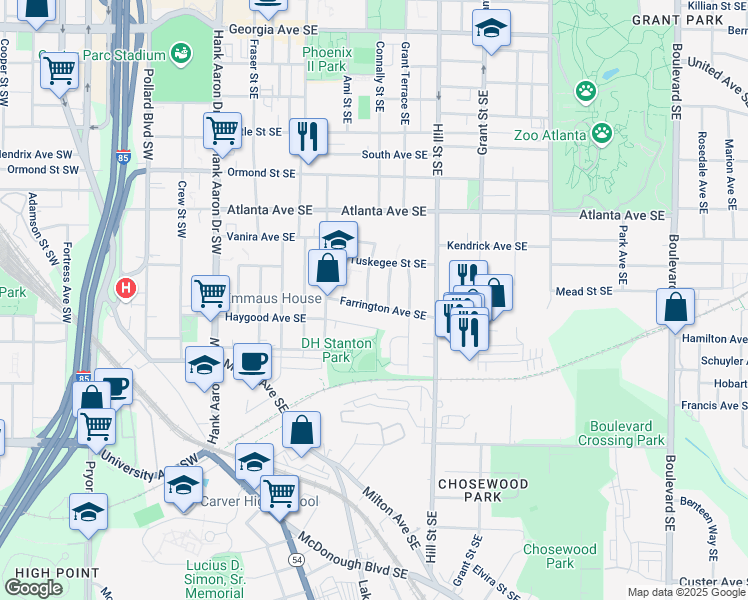 map of restaurants, bars, coffee shops, grocery stores, and more near 206 Farrington Avenue Southeast in Atlanta