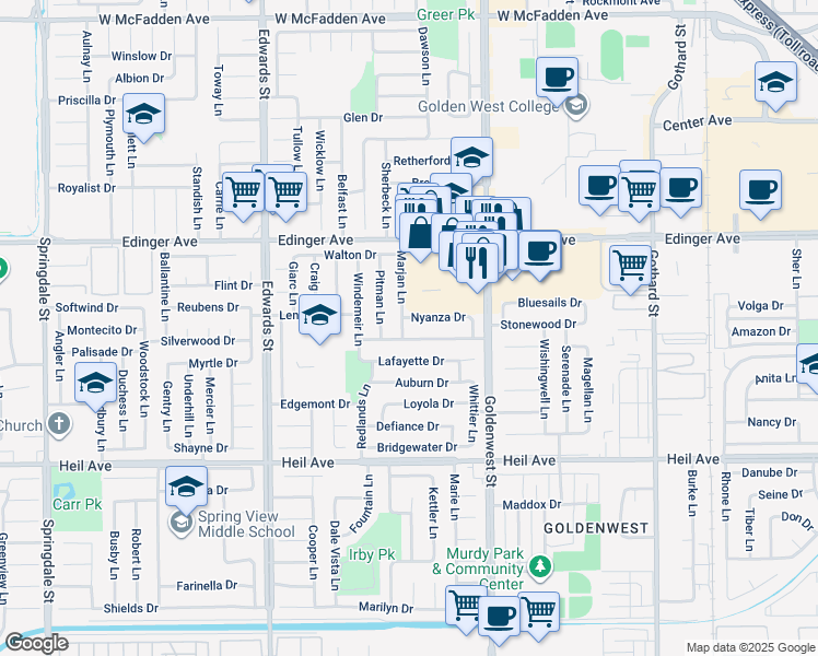 map of restaurants, bars, coffee shops, grocery stores, and more near 16192 Marjan Lane in Huntington Beach
