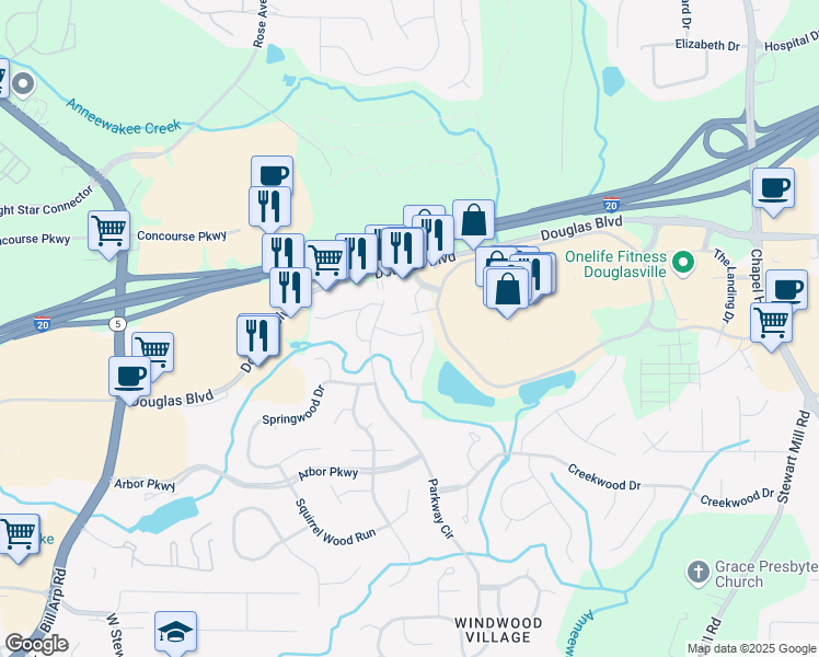 map of restaurants, bars, coffee shops, grocery stores, and more near 6707 Lakewood Drive in Douglasville
