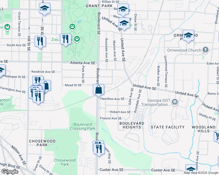 map of restaurants, bars, coffee shops, grocery stores, and more near 992 Flotilla Drive in Atlanta