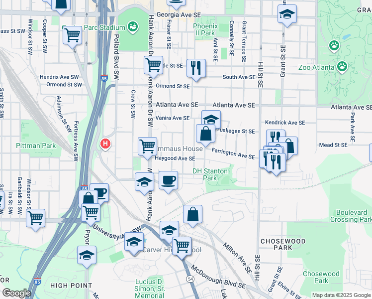 map of restaurants, bars, coffee shops, grocery stores, and more near 1000 Fern Avenue Southeast in Atlanta