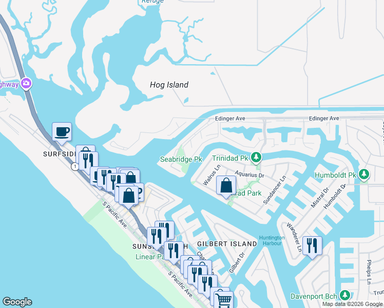 map of restaurants, bars, coffee shops, grocery stores, and more near 3299 Tempe Drive in Huntington Beach