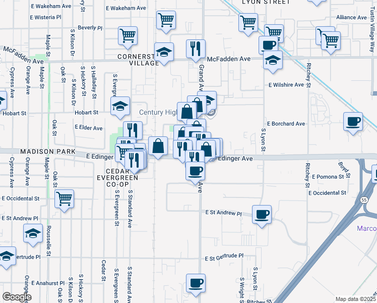 map of restaurants, bars, coffee shops, grocery stores, and more near 1402 East Borchard Avenue in Santa Ana