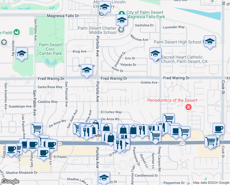 map of restaurants, bars, coffee shops, grocery stores, and more near 74171 Santa Rosa Circle in Palm Desert