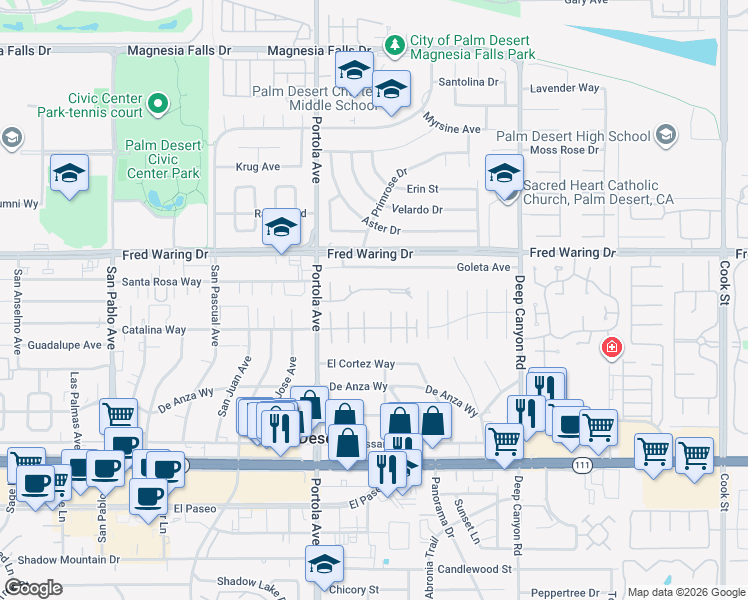 map of restaurants, bars, coffee shops, grocery stores, and more near 74171 Santa Rosa Circle in Palm Desert