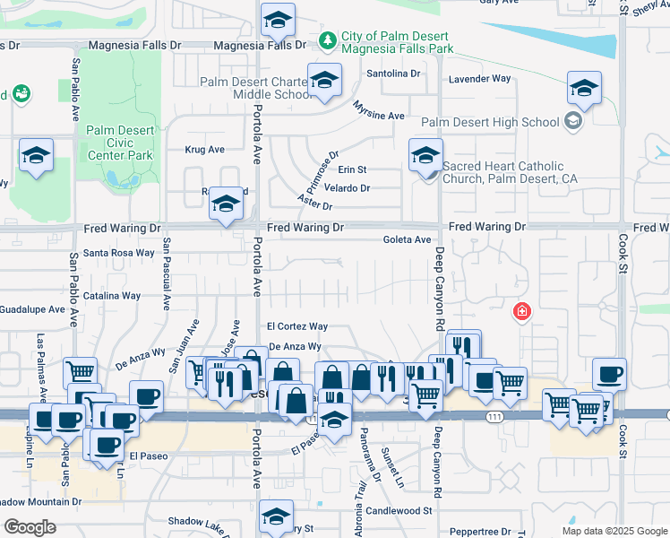 map of restaurants, bars, coffee shops, grocery stores, and more near 74216 Santa Rosa Circle in Palm Desert
