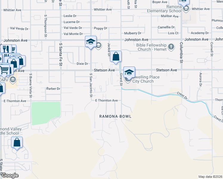 map of restaurants, bars, coffee shops, grocery stores, and more near 27101 Girard Street in Hemet