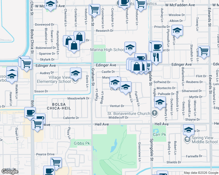 map of restaurants, bars, coffee shops, grocery stores, and more near 5631 Clark Drive in Huntington Beach