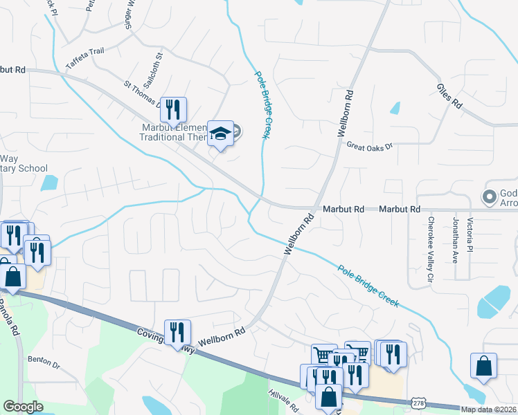 map of restaurants, bars, coffee shops, grocery stores, and more near 5815 Marbut Road in Lithonia