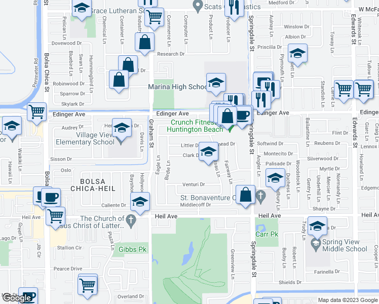 map of restaurants, bars, coffee shops, grocery stores, and more near 5681 Clark Drive in Huntington Beach