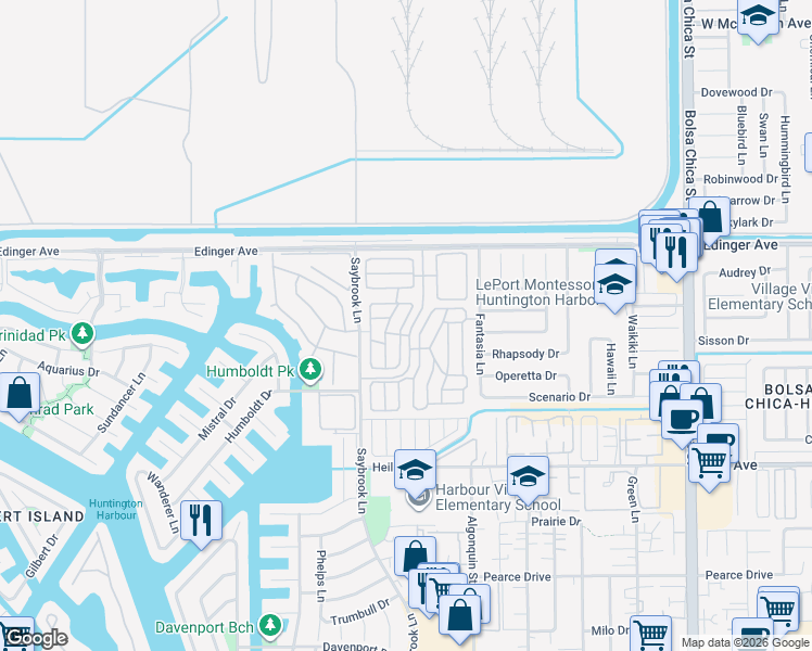 map of restaurants, bars, coffee shops, grocery stores, and more near 16222 Monterey Lane in Huntington Beach