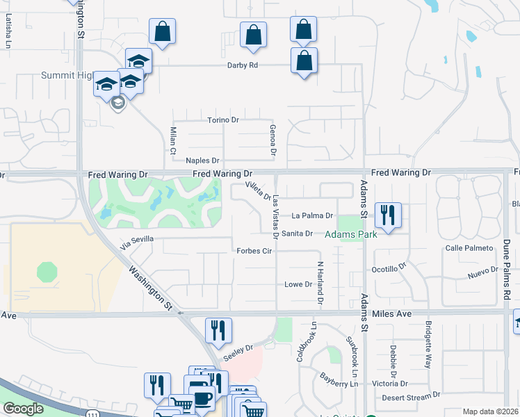map of restaurants, bars, coffee shops, grocery stores, and more near 44340 Villeta Drive in La Quinta