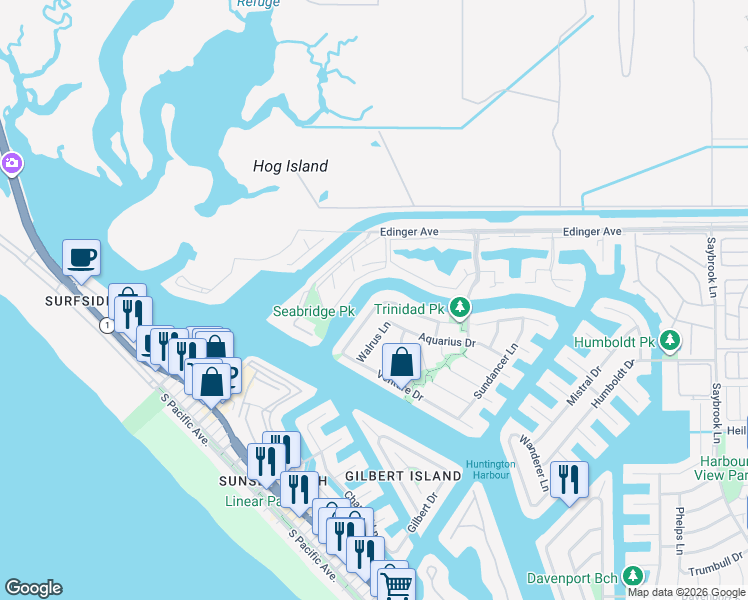 map of restaurants, bars, coffee shops, grocery stores, and more near 16191 Typhoon Lane in Huntington Beach