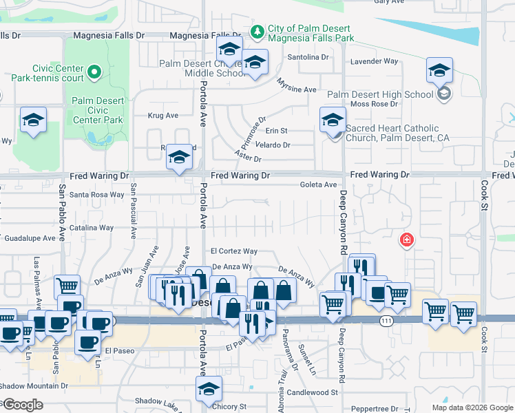 map of restaurants, bars, coffee shops, grocery stores, and more near 74223 Santa Rosa Circle in Palm Desert