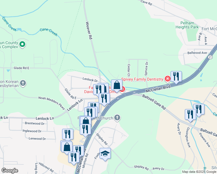 map of restaurants, bars, coffee shops, grocery stores, and more near 6015 Weaver Road in Anniston
