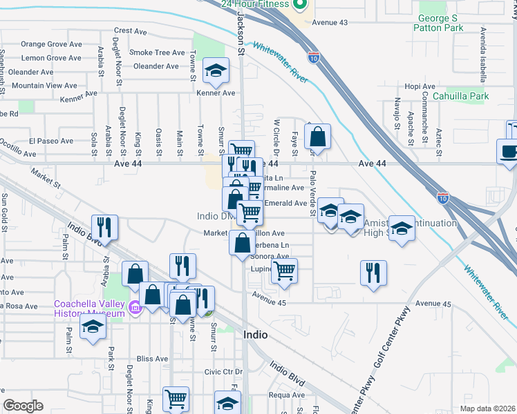 map of restaurants, bars, coffee shops, grocery stores, and more near 83031 Emerald Avenue in Indio