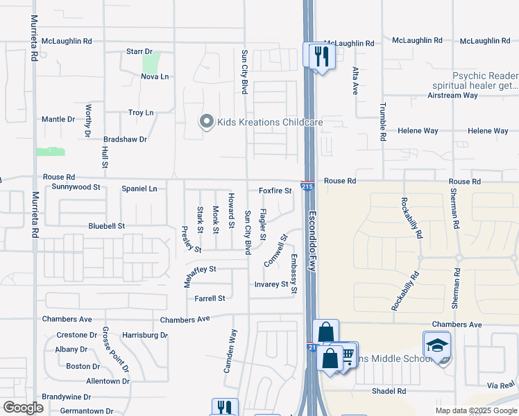 map of restaurants, bars, coffee shops, grocery stores, and more near 27079 Flagler Street in Menifee
