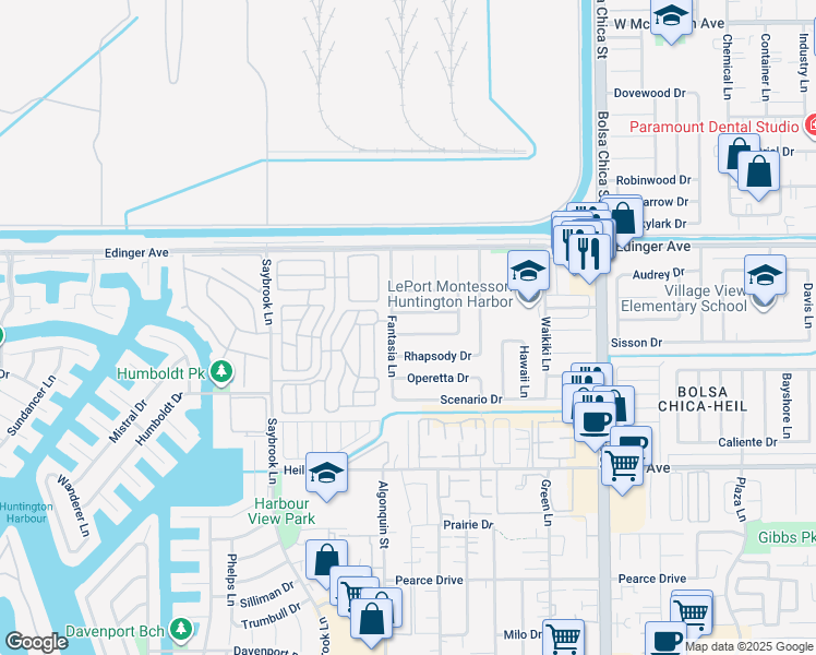 map of restaurants, bars, coffee shops, grocery stores, and more near 4551 Minuet Drive in Huntington Beach