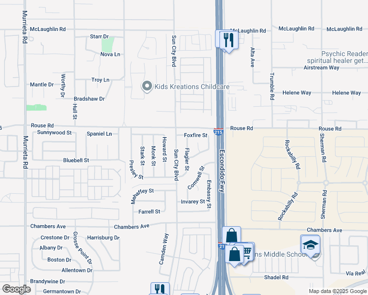 map of restaurants, bars, coffee shops, grocery stores, and more near 27079 Flagler Street in Menifee