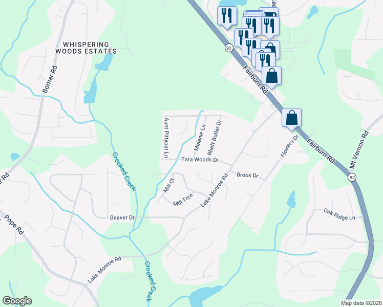 map of restaurants, bars, coffee shops, grocery stores, and more near 2883 Melanie Lane in Douglasville