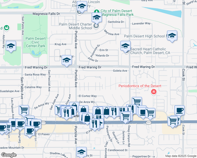 map of restaurants, bars, coffee shops, grocery stores, and more near 74216 Santa Rosa Circle in Palm Desert
