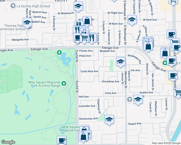 map of restaurants, bars, coffee shops, grocery stores, and more near 16229 Mount Harkness Street in Fountain Valley