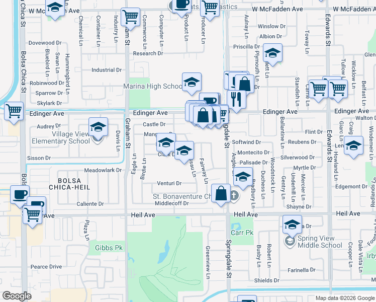 map of restaurants, bars, coffee shops, grocery stores, and more near 16161 Nassau Lane in Huntington Beach