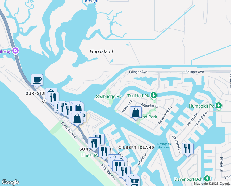 map of restaurants, bars, coffee shops, grocery stores, and more near 16146 Twinkle Circle in Huntington Beach